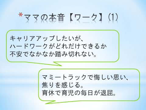 ママの本音【ワーク】（1）キャリアアップしたいが、ハードワークがどれだけできるか不安でなかなか踏み切れない。マミートラックで悔しい思い、焦りを感じる。育休で育児の毎日が退屈。
