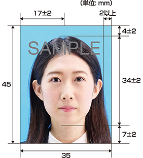 パスポート写真の規格と見本例（単位：mm）